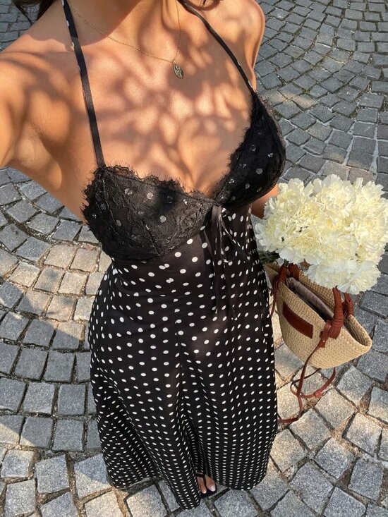 MODA ME COUTURE Dresses & Skirts - Black Elegant Women's Polka Dot Lace Maxi V-Neck Dress